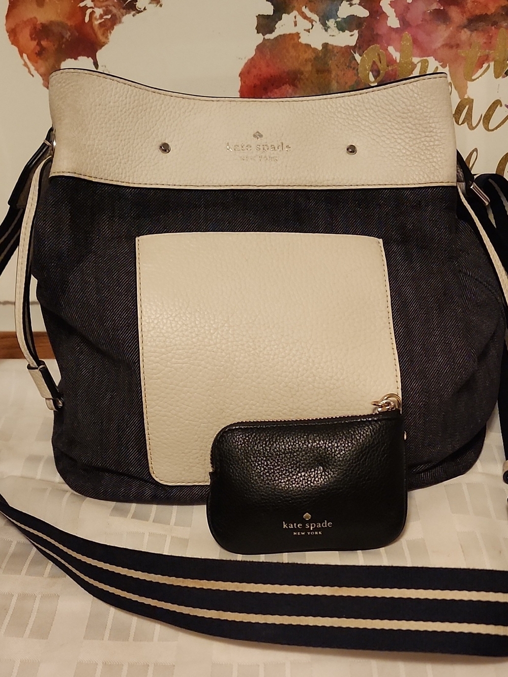 Kate Spade Marti Large Denim Bucket Bag & Kate Spade Black Leather Pouch Bundle